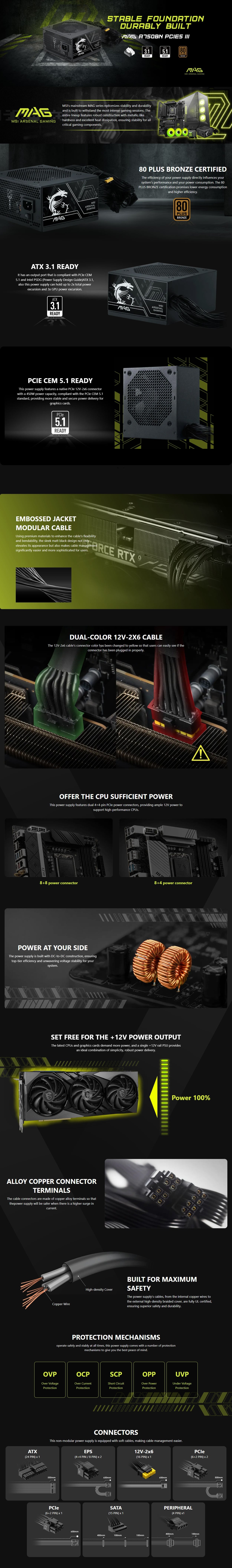 MSI MAG A750BN PCIE5 III 80 PLUS Bronze PCIe 5.1 ATX 3.1 Non-Modular Power Supply details 1