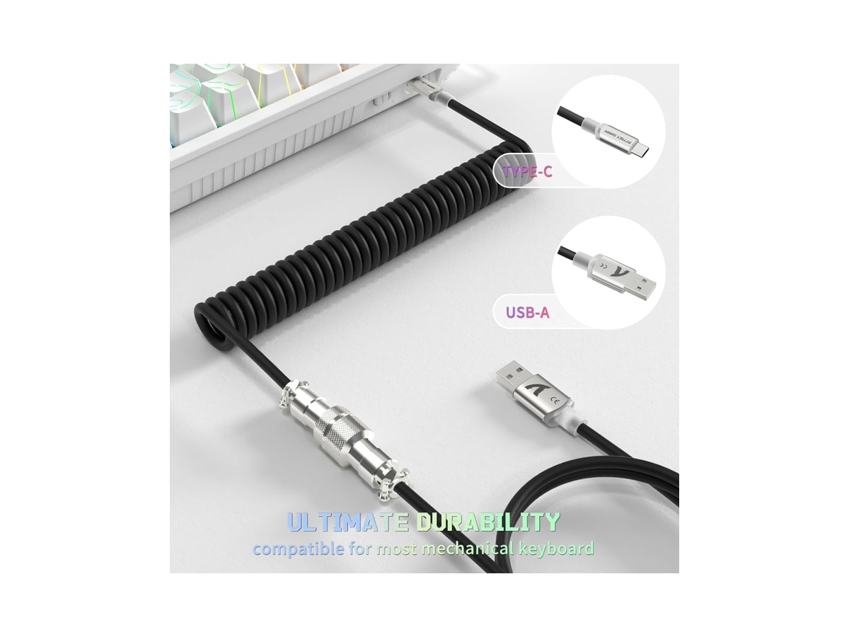 Attack Shark C01 Ultra Custom Coiled USB C to A Cable for Mechanical Keyboard,RGB Light Plug,Double-Sleeved Gaming Cable with Detachable Metal Aviator,for Popular Gaming Consoles Keyboard Mouse-Black thumbnail 2