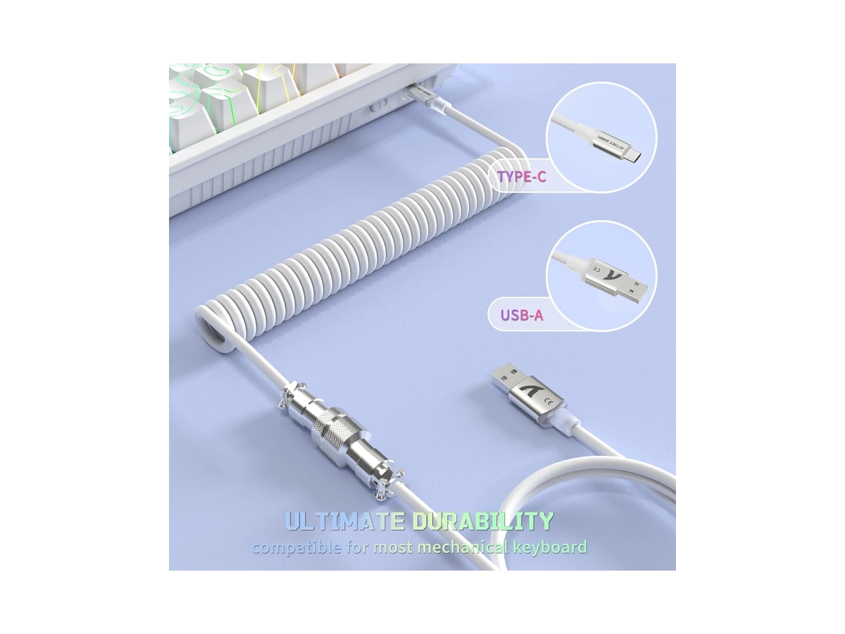 Attack Shark C01 Ultra Custom Coiled USB C to A Cable for Mechanical Keyboard,RGB Light Plug,Double-Sleeved Gaming Cable with Detachable Metal Aviator,for Popular Gaming Consoles Keyboard Mouse-White thumbnail 4