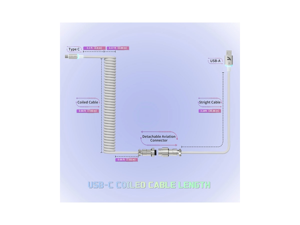 Attack Shark C01 Ultra Custom Coiled USB C to A Cable for Mechanical Keyboard,RGB Light Plug,Double-Sleeved Gaming Cable with Detachable Metal Aviator,for Popular Gaming Consoles Keyboard Mouse-White thumbnail 7