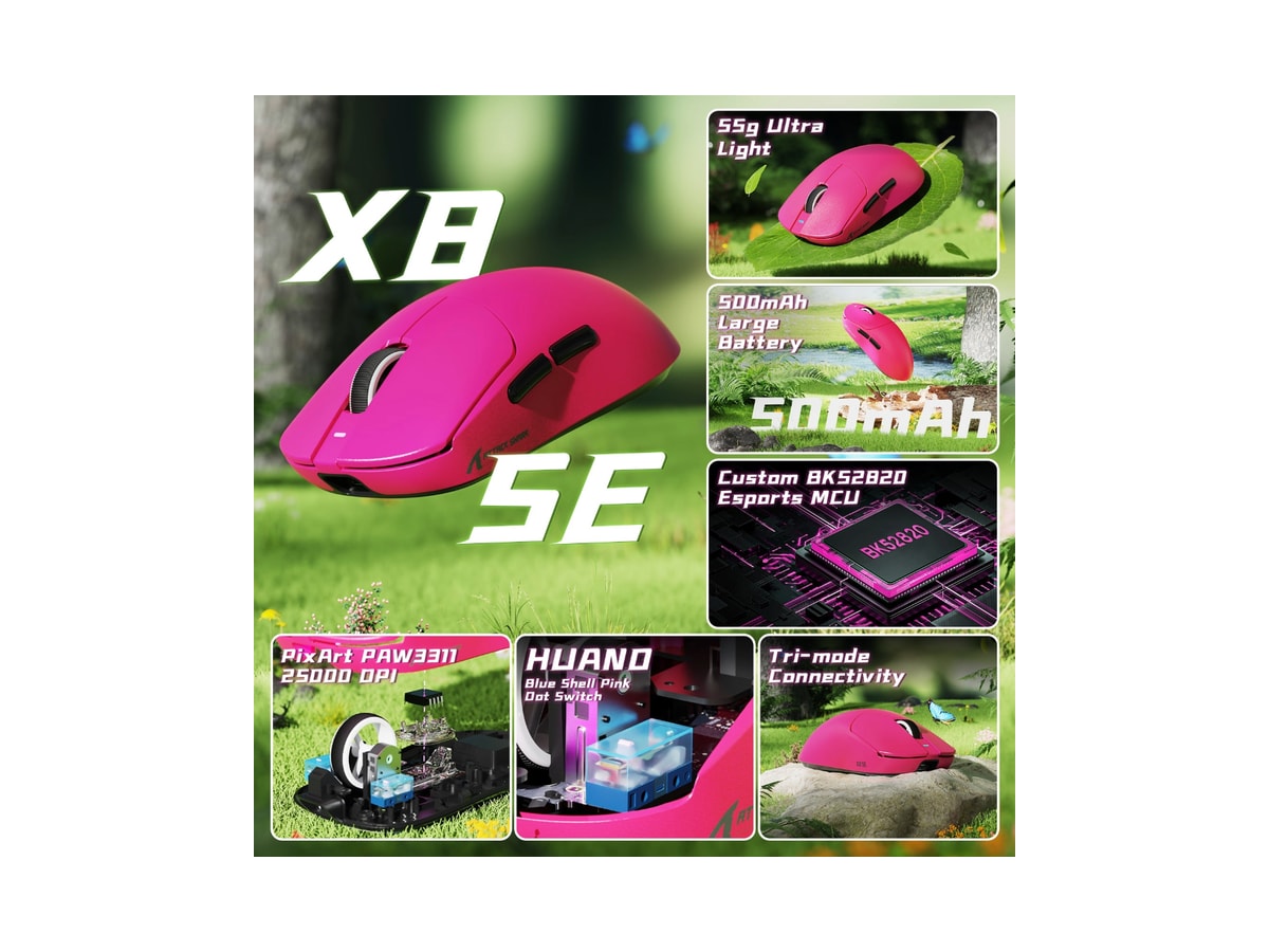 ATTACK SHARK X8 Series Tri-mode Lightweight Wireless Gaming Mouse - Pink thumbnail 2